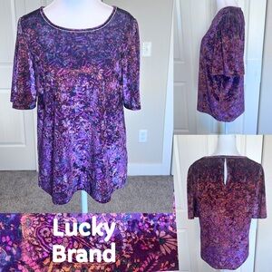 Lucky Brand Velvet Floral Paisley Top Short Sleeve Back Key-Hole Sz Medium